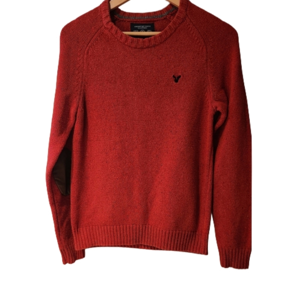 American Eagle Orange Speckle Grandpa Patches Cotton Blend Sweater